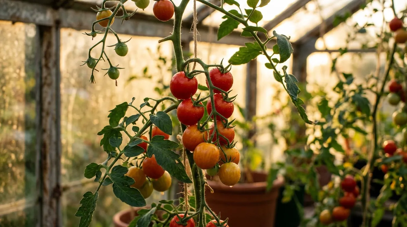 Cherry tomatoes ripening on the vine in a UK garden with warm afternoon light
