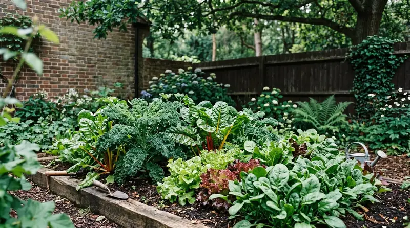 Best vegetables to grow in shade UK garden showing kale, chard, lettuce and spinach thriving in a north-facing plot in summer