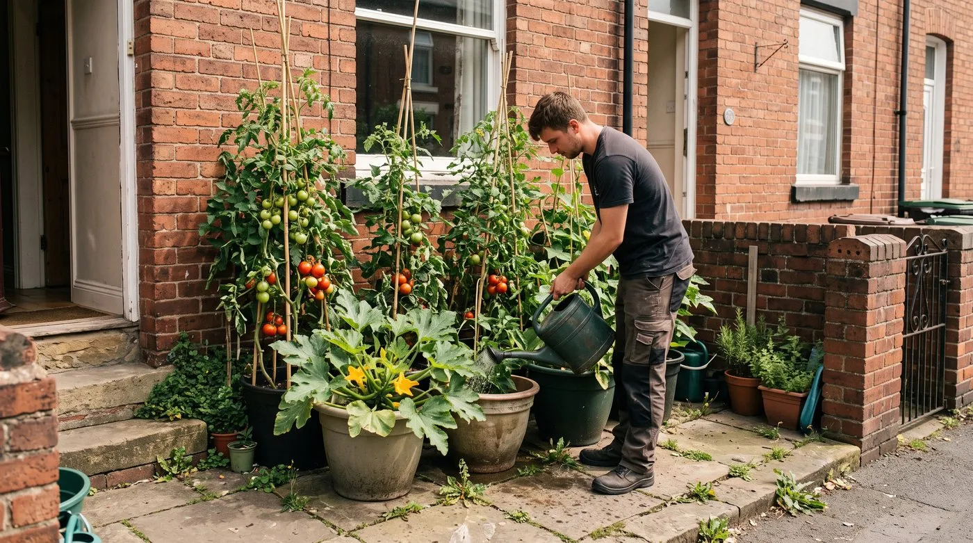 Man watering tomato and courgette plants in large pots against a sunny front wall of a terraced house