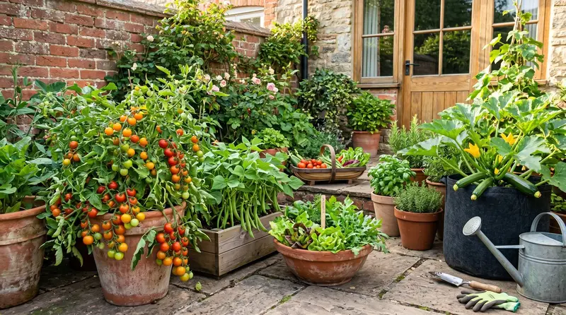 UK patio garden with terracotta and recycled containers planted with tomatoes, runner beans, salad leaves