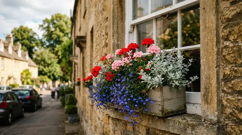 A 60cm window box on a UK Georgian terrace house packed with pelargoniums, lobelia and helichrysum in summer