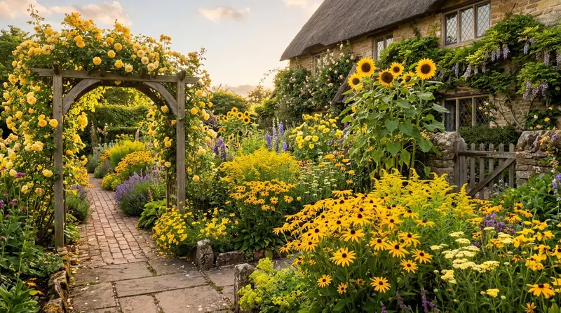 Best yellow flowers for UK gardens showing a cottage garden border with sunflowers