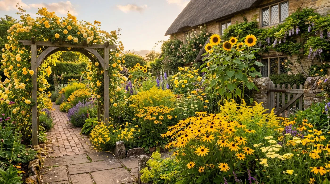Best yellow flowers for UK gardens showing a cottage garden border with sunflowers, rudbeckia and yellow roses in golden hour light