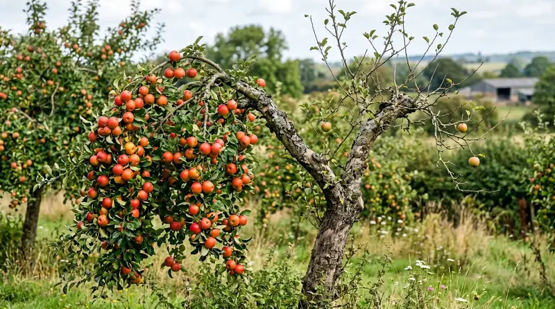 An apple tree branch heavily laden with fruit in an on year beside a bare off-year branch