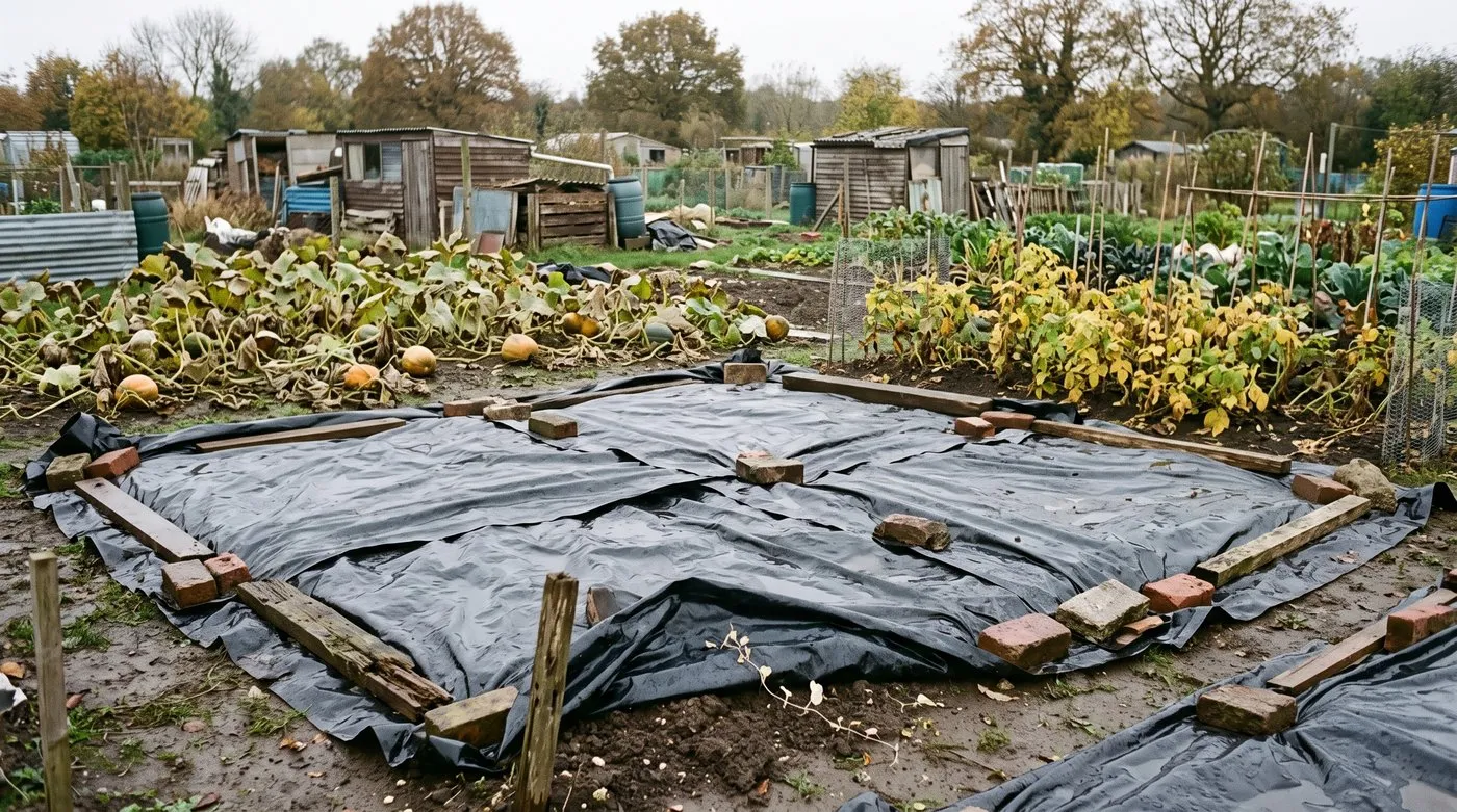Allotment bed covered with weighted black polythene to smother bindweed for a year