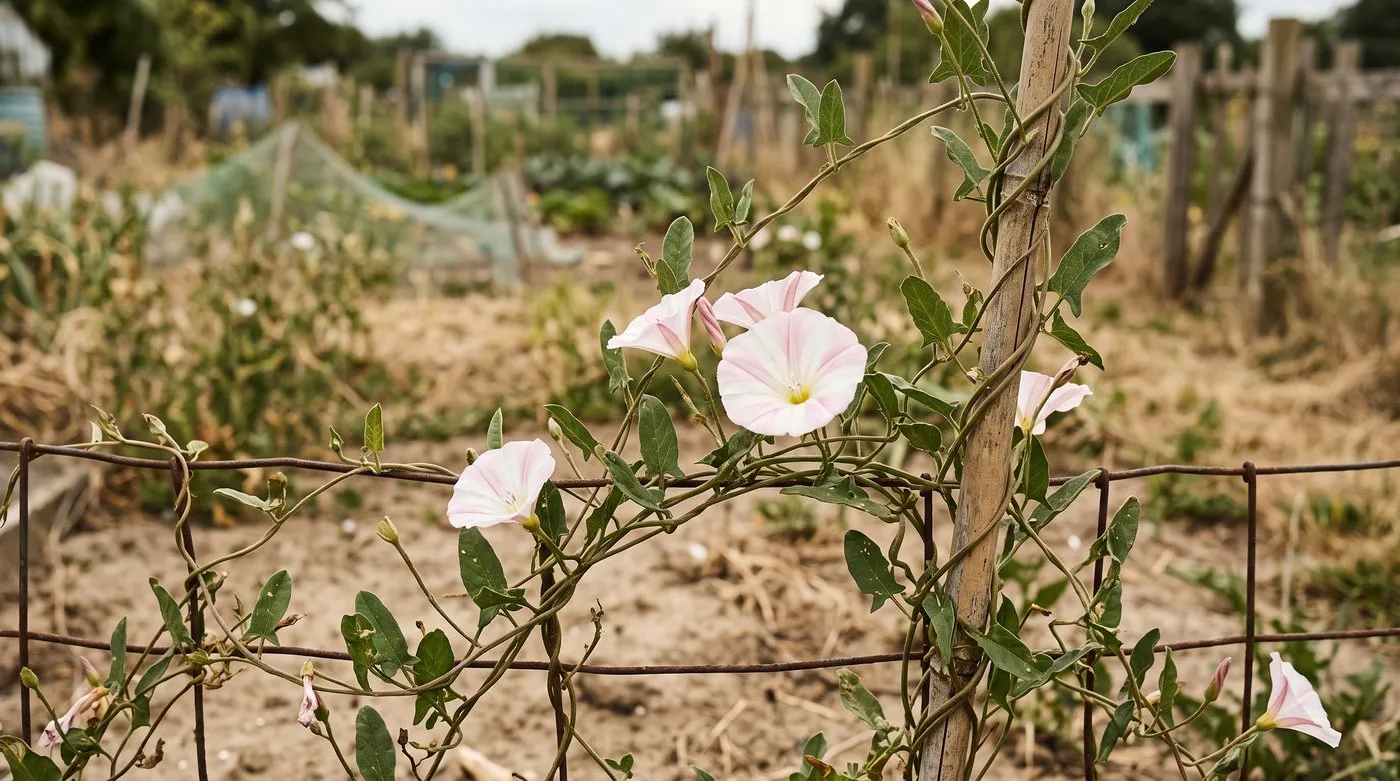 Field bindweed with small arrow-shaped leaves and pink-striped white trumpet flowers on an allotment