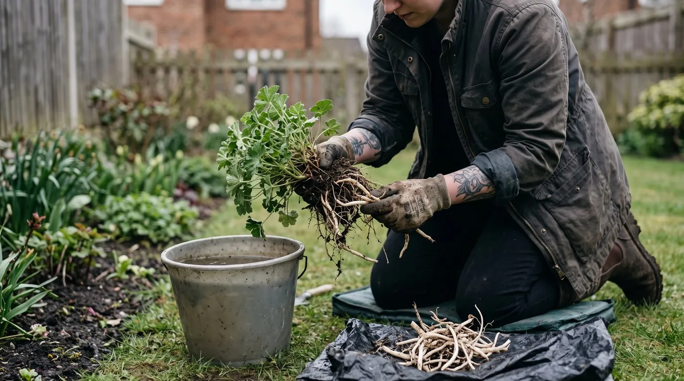Gardener picking white bindweed roots out of a lifted hardy geranium before replanting