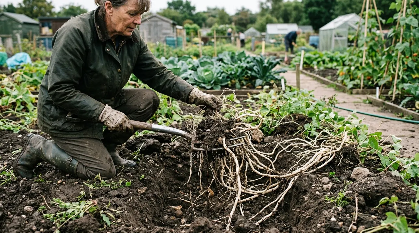 Bindweed roots being dug out showing white underground rhizomes in UK allotment soil