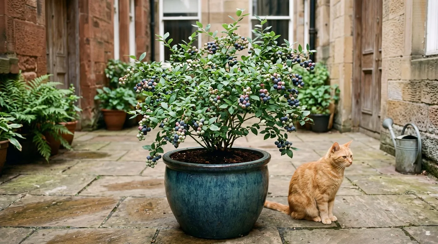 Blueberry bush in a pot of ericaceous compost on a courtyard patio with a cat beside it