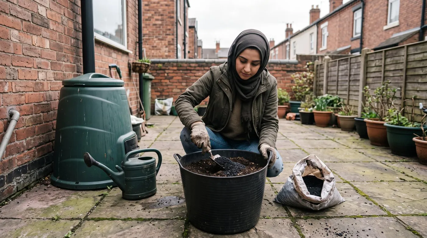 Woman stirring biochar into garden compost in a tub to charge it before use