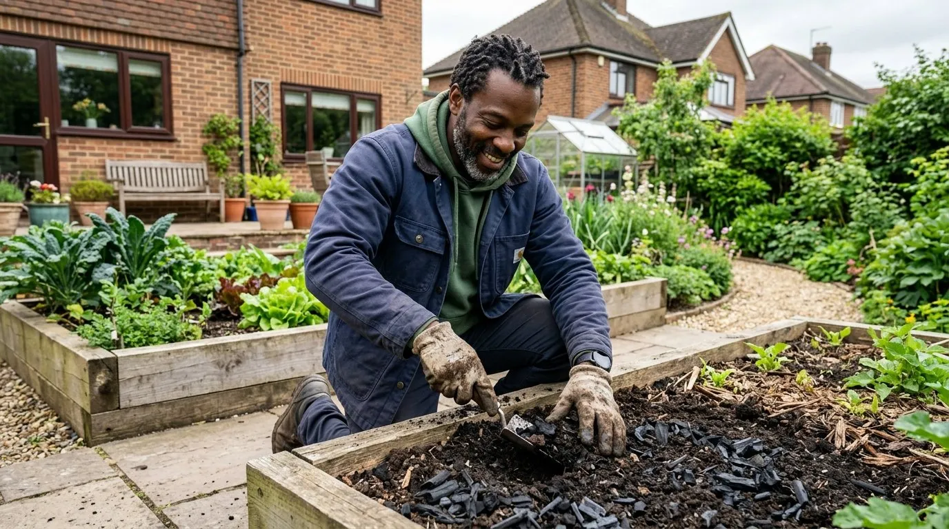 Biochar for gardens being mixed into raised bed soil in a UK suburban garden