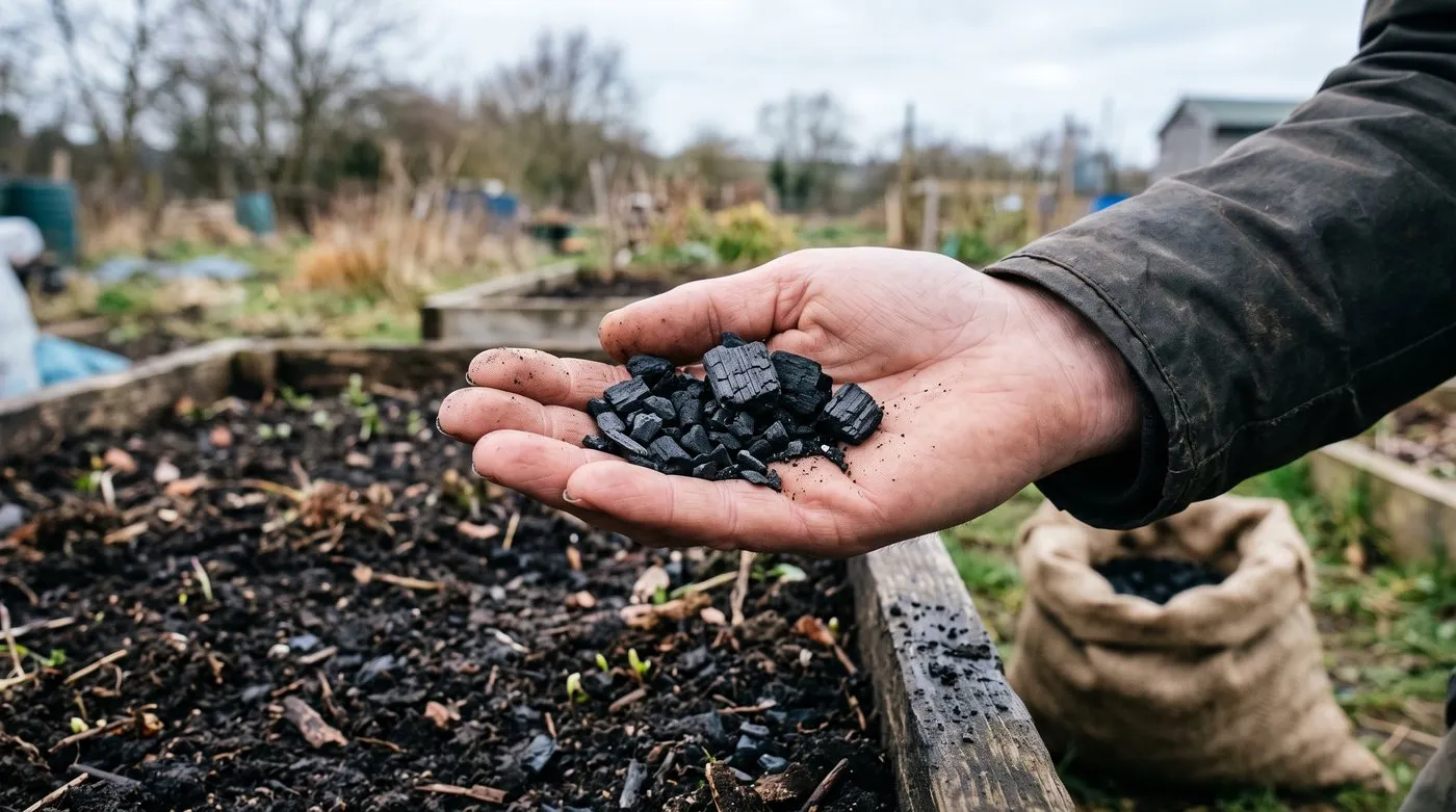 Open hand holding black biochar granules and small charcoal chunks above a raised bed