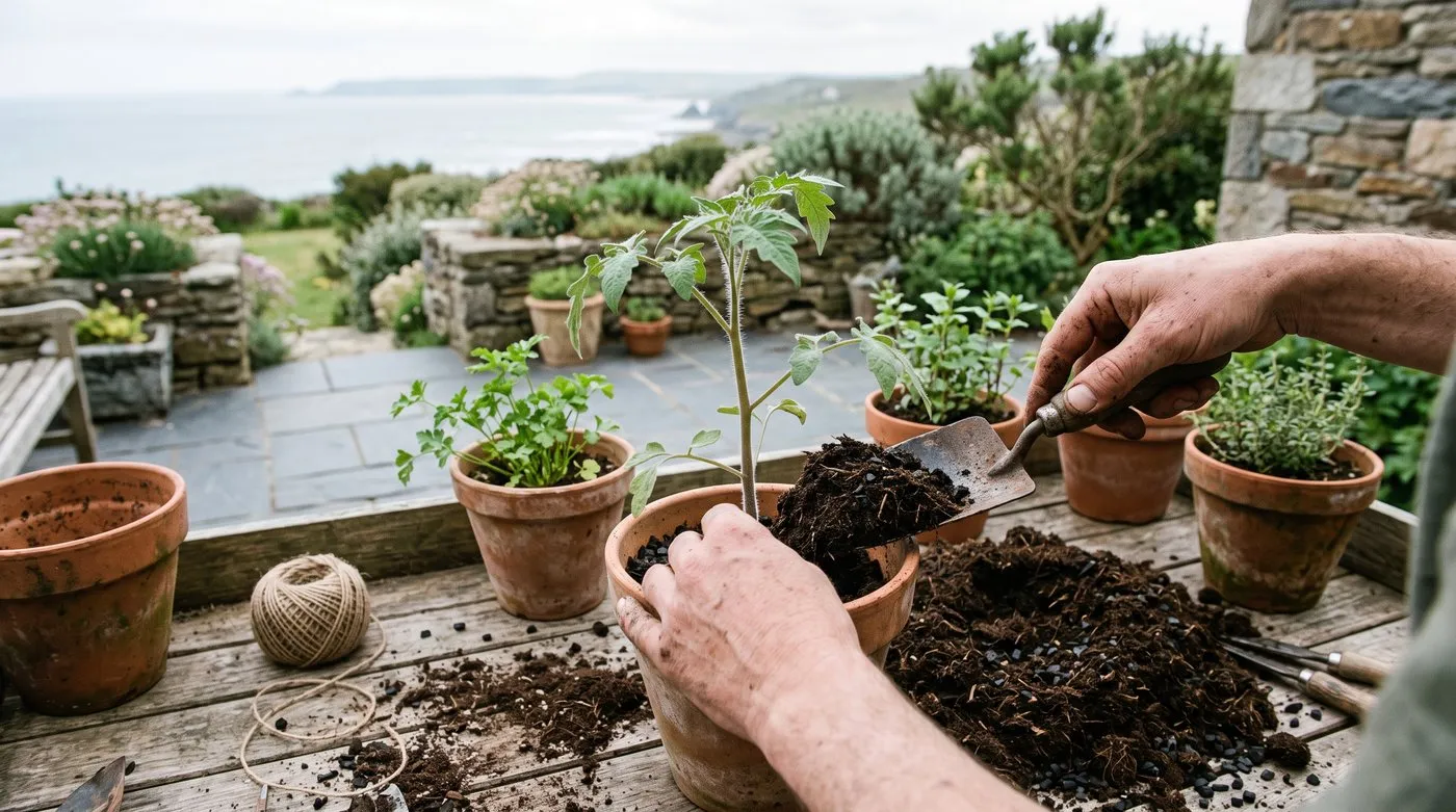 Potting compost mixed with black biochar granules being added to a pot with a tomato plant