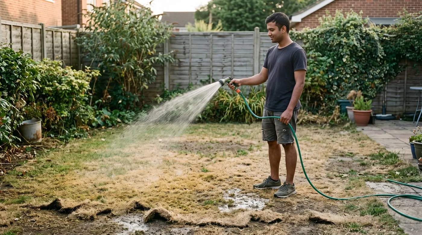 Man watering a patchy lawn in the evening to keep the soil moist after chafer grub nematodes
