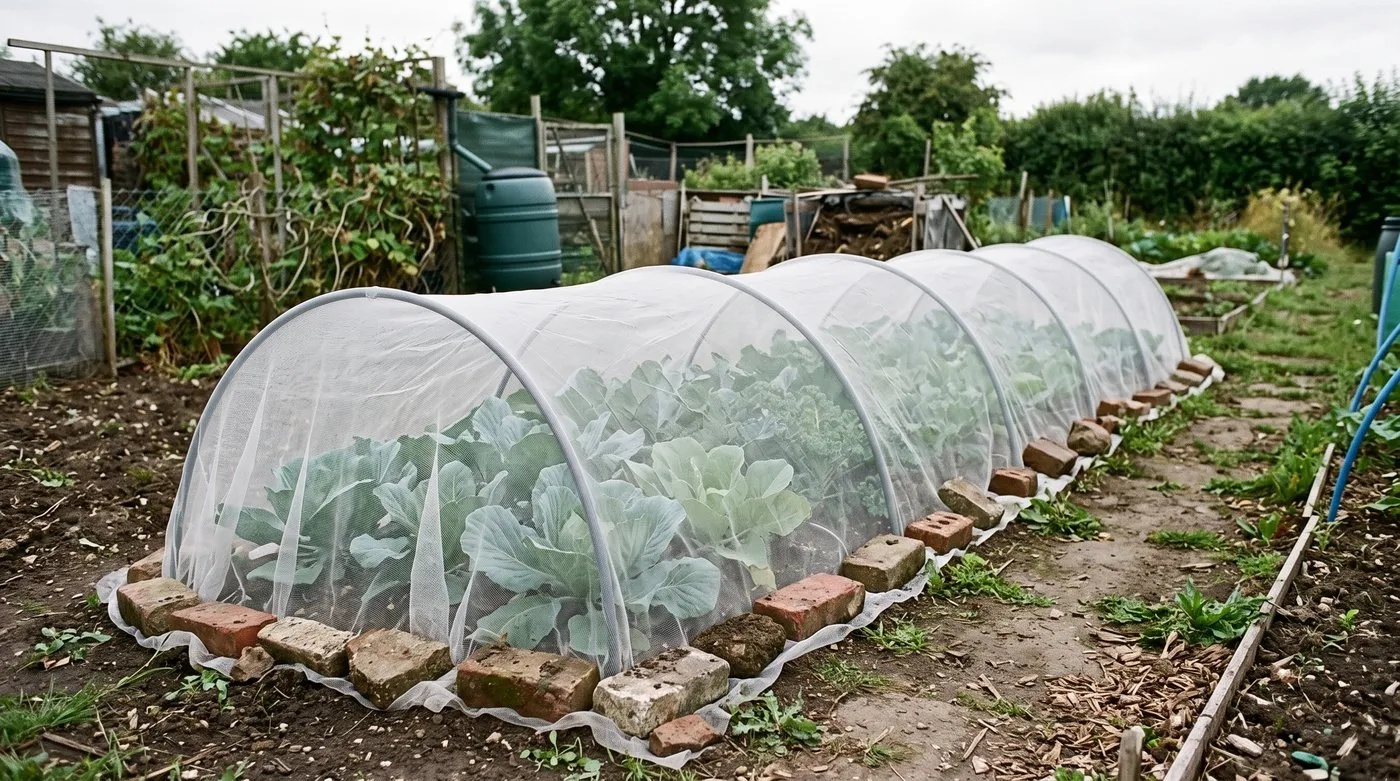 Young brassicas under fine insect mesh on hoops on a UK allotment, keeping caterpillars off without sprays