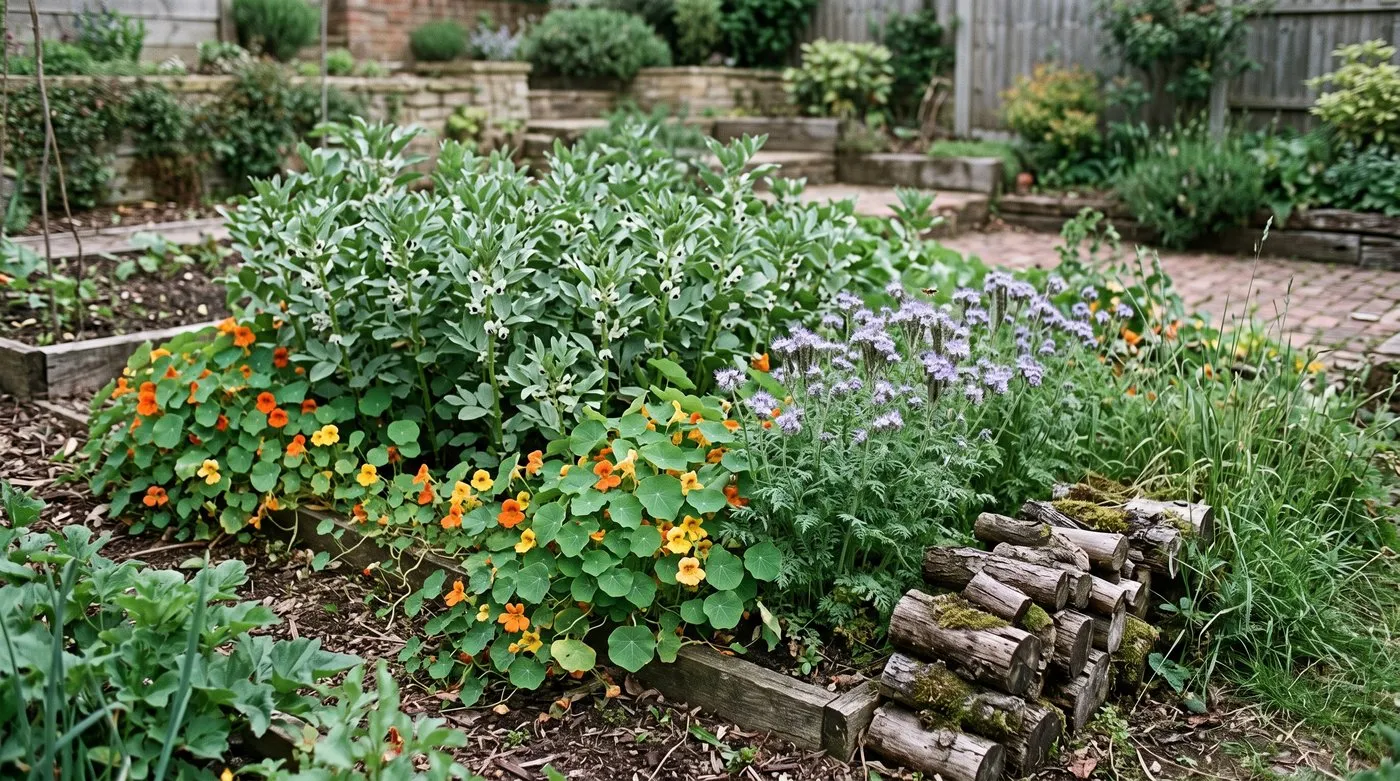 Phacelia and nasturtiums growing beside broad beans to support biological pest control in a UK veg bed