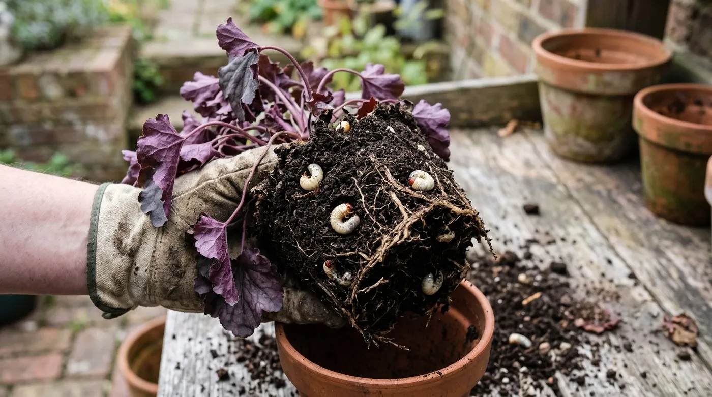 Potted heuchera root ball with white C-shaped vine weevil grubs and chewed roots, a target for biological pest control