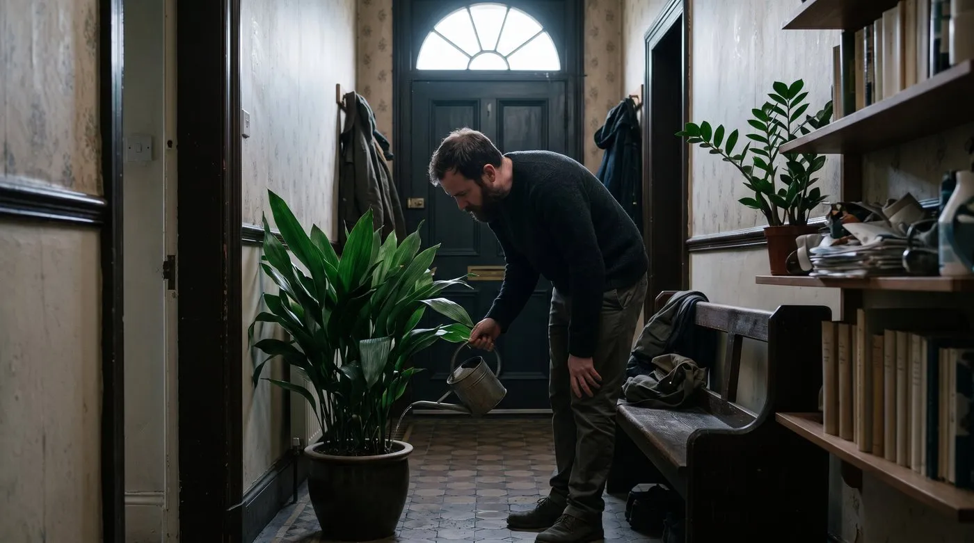 Man watering a tall aspidistra beside a bench in a dim hallway, with a ZZ plant on a shelf