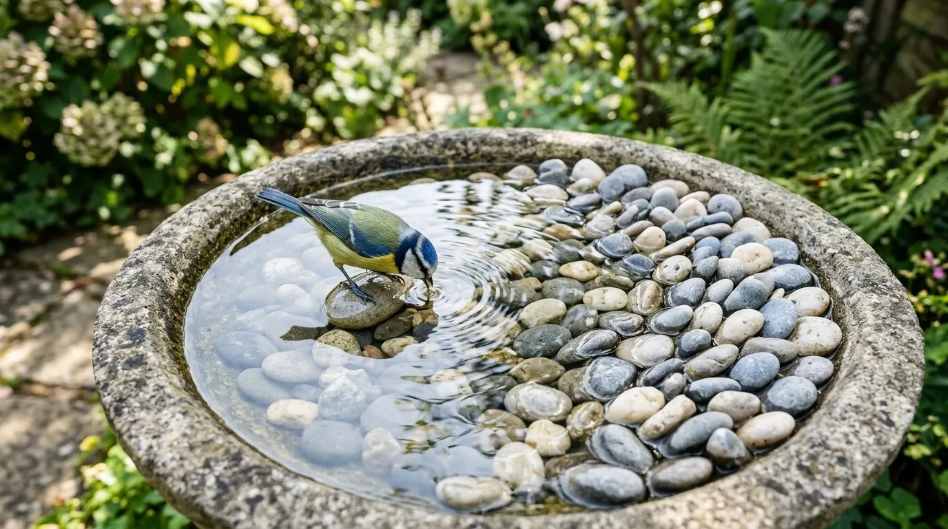 Close-up of a bird bath basin with 2 to 5cm pebbles added to the shallow water to give birds and insects grip and a safe standing depth