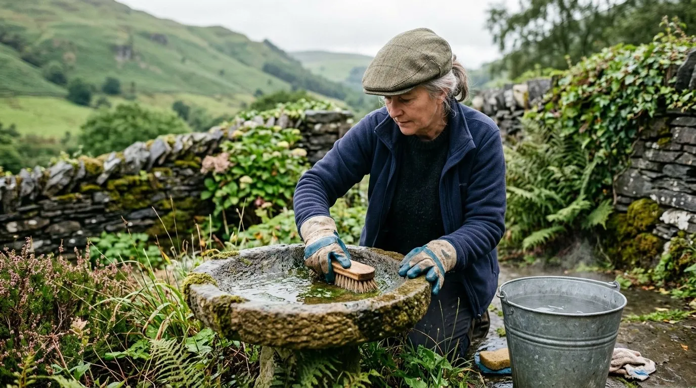 Gloved hands scrubbing green algae from a bird bath with a stiff brush and a bucket of hot water in a Welsh hillside garden