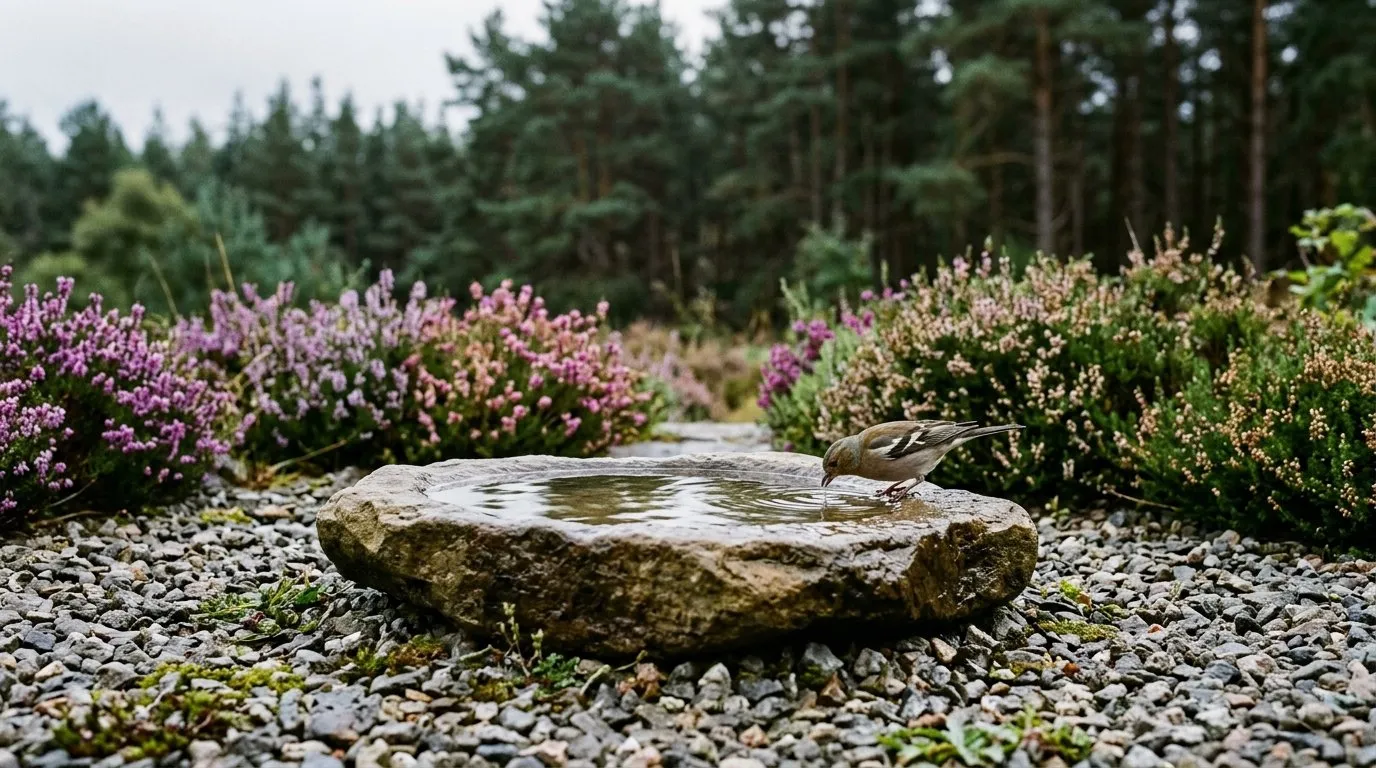 Shallow ground-level bird bath in a Scottish garden set 2 metres from low shrub cover, well away from any hanging feeders