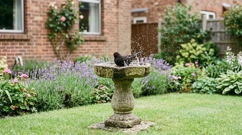 Stone pedestal bird bath with a blackbird bathing in a suburban UK garden in soft daylight