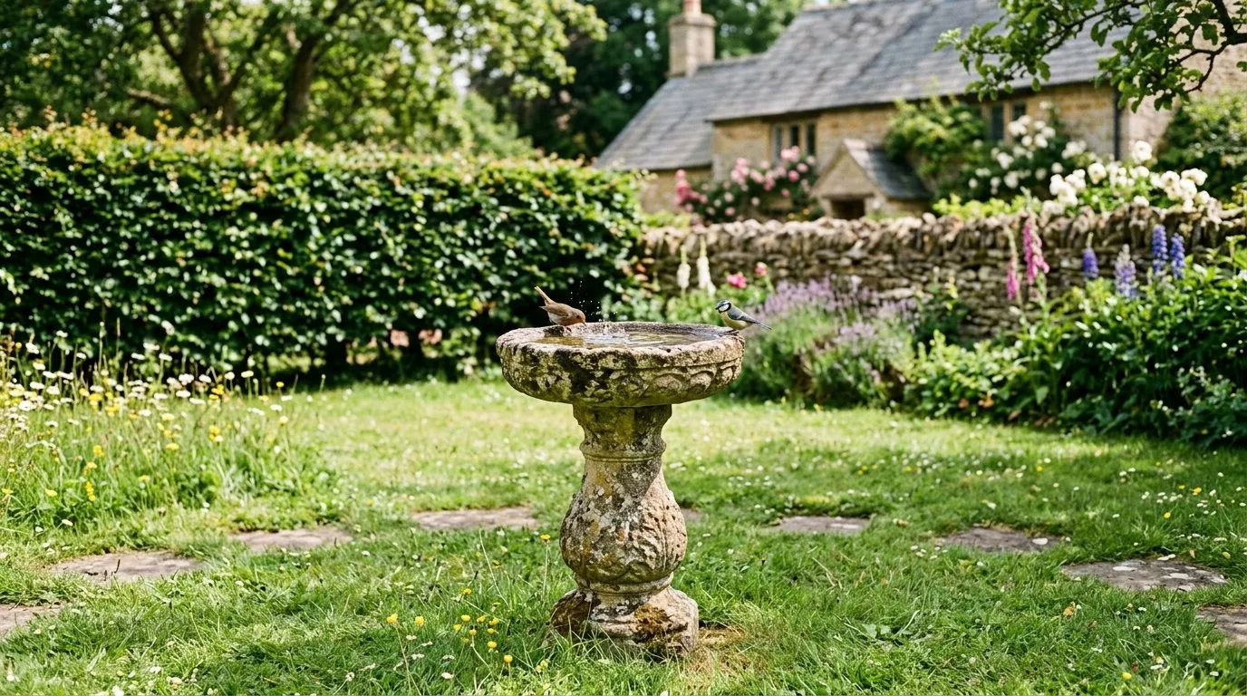 Pedestal bird bath sited about 3 metres from a hawthorn hedge in a Cotswold cottage garden with an open lawn around it