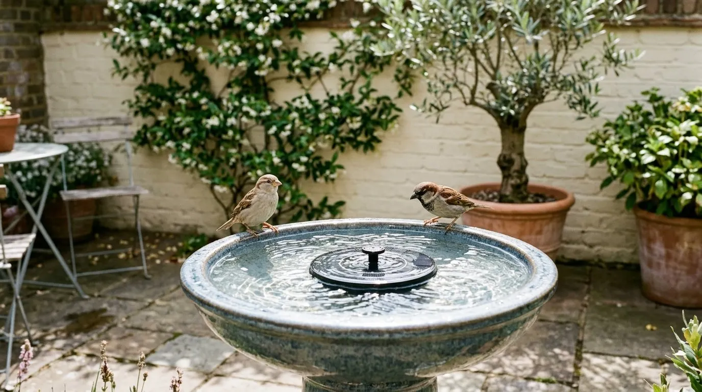 Solar fountain bird bath sending up a low ripple of water on a London townhouse patio in bright daylight with sparrows nearby