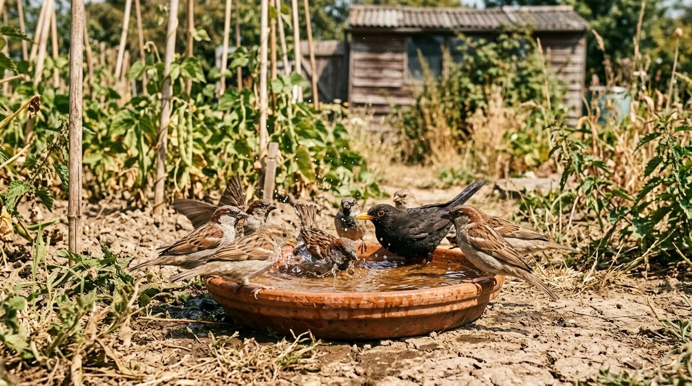 Sparrows and a blackbird drinking at a shallow bird bath during a summer heatwave in an allotment garden with dry ground around
