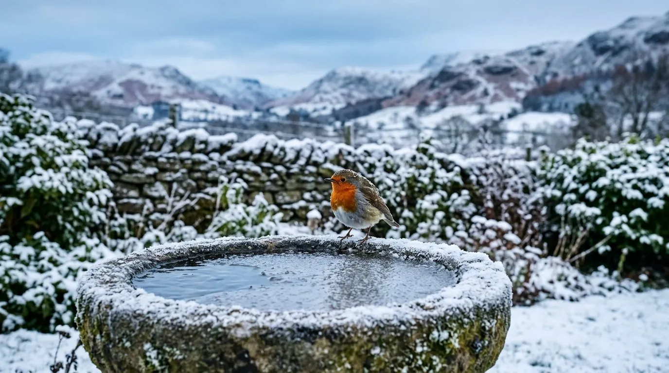 Robin perched on the frosted rim of a stone bird bath with a patch of open water in a Lake District garden in winter