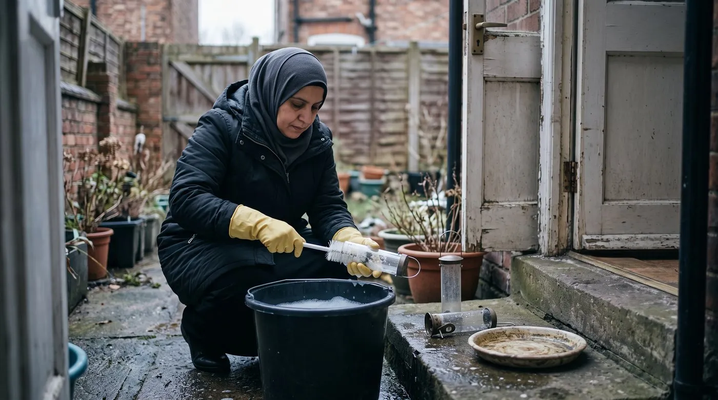 Woman in rubber gloves scrubbing an empty bird feeder in hot soapy water on a UK back doorstep