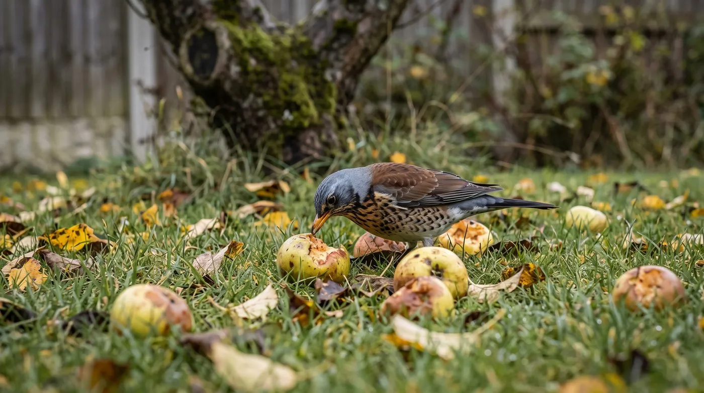 Fieldfare eating windfall apples on a lawn in a UK garden in October