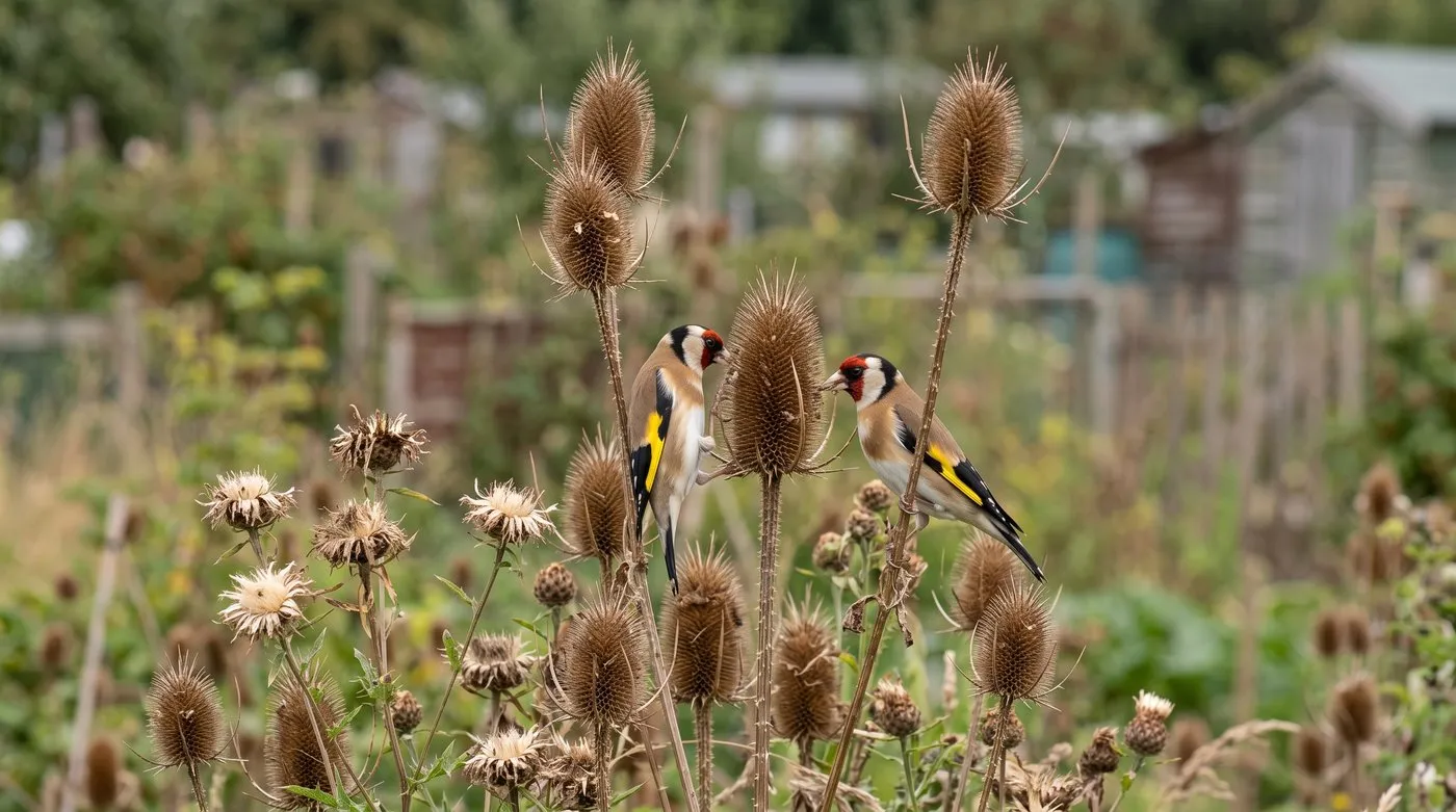 Goldfinches feeding on teasel seed heads left standing in a UK garden border in late summer