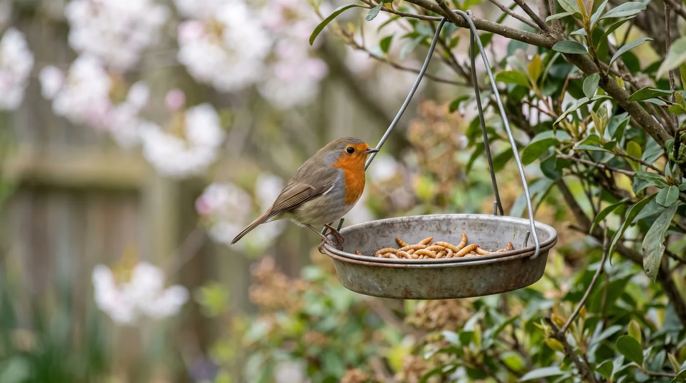 Robin on a small hanging dish of soaked mealworms in a UK garden during the spring breeding season