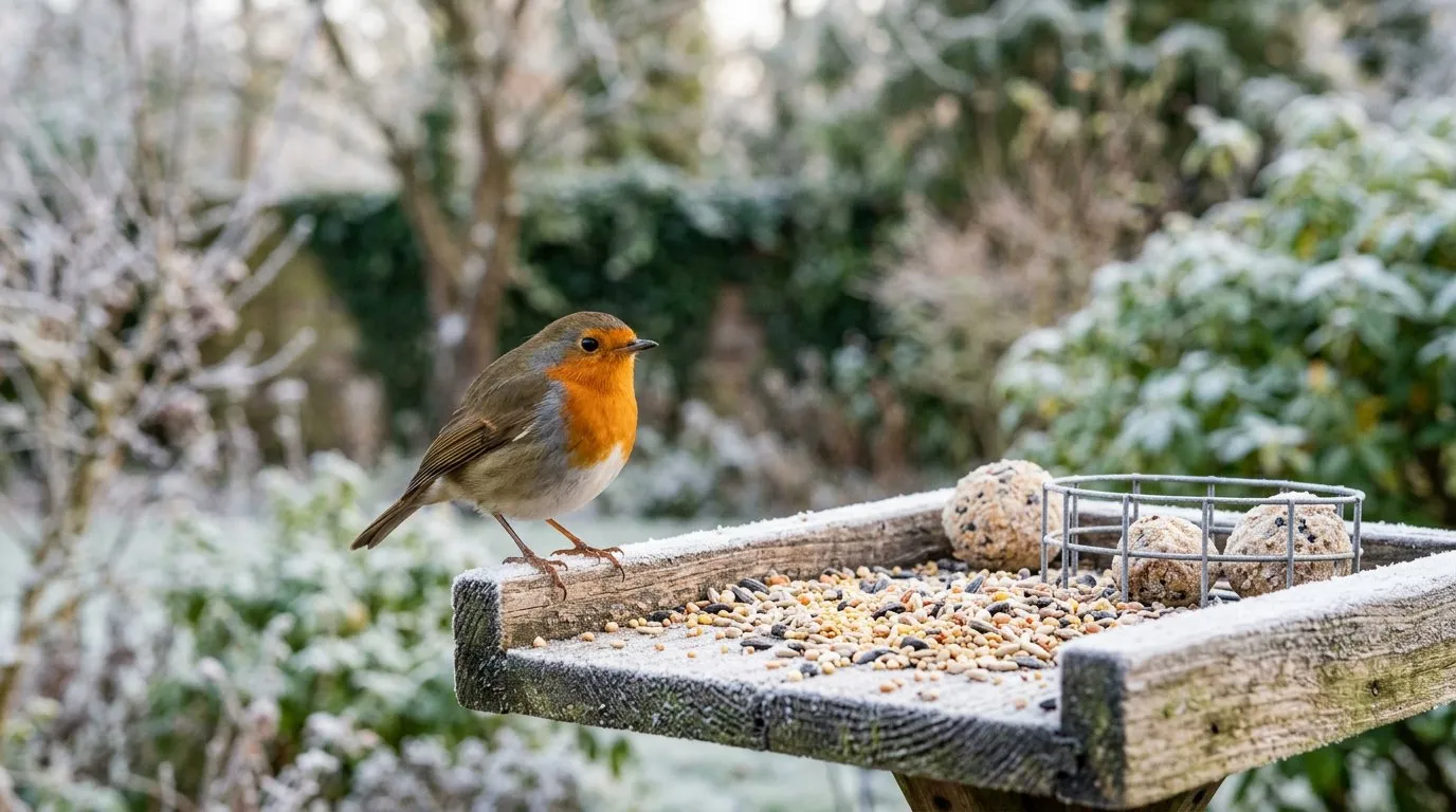 Bird feeding robin on a wooden table with seeds and suet in a frosty UK garden