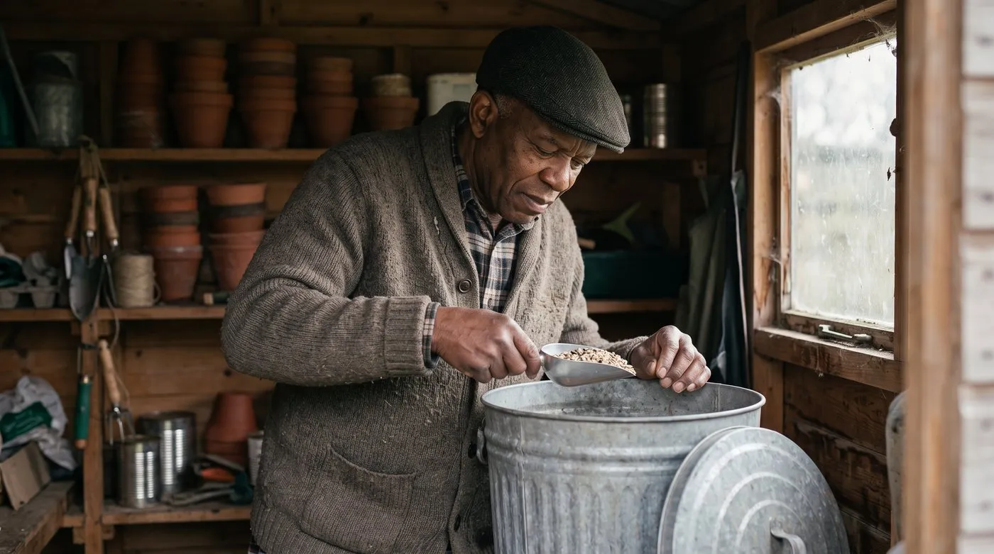 Older man checking stored bird seed for mould in a metal rodent-proof bin inside a UK garden shed