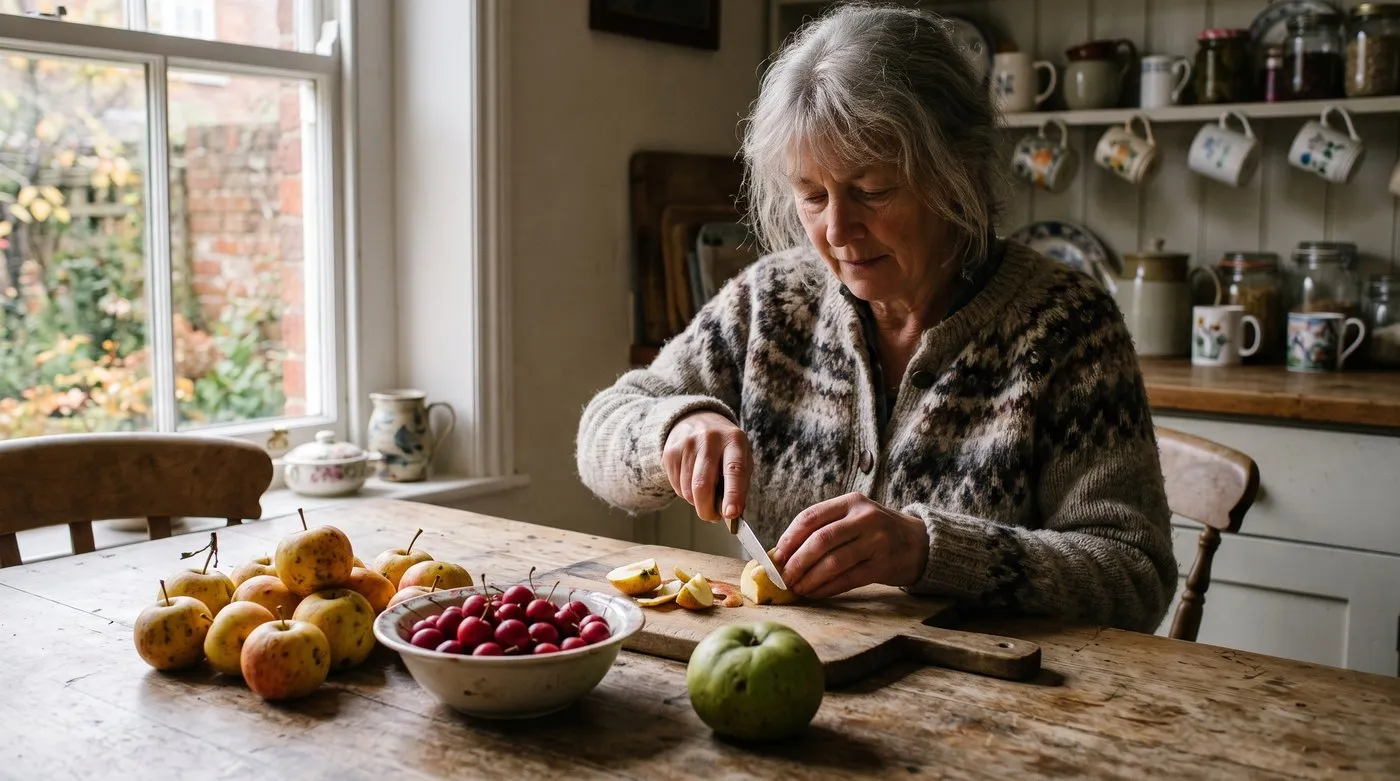 Small cider apples, tiny red crab apples and a green Bramley cooking apple on a kitchen table