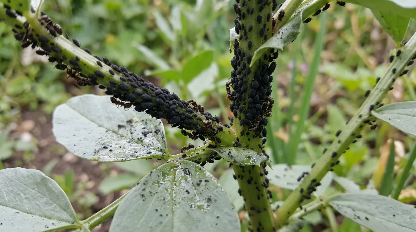 Black garden ants walking among a colony of black bean aphids on a broad bean stem