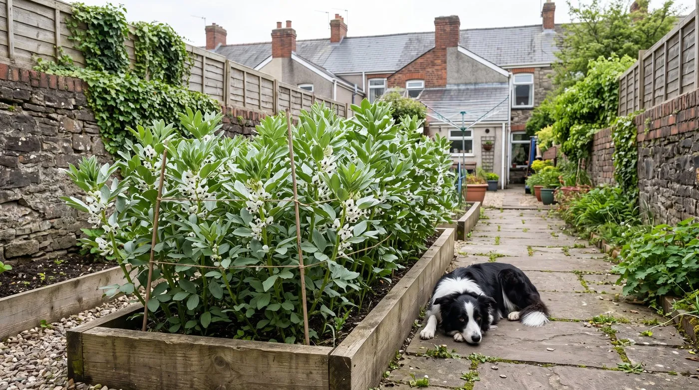 Row of autumn-sown broad beans in full flower in early May with a dog lying on the path