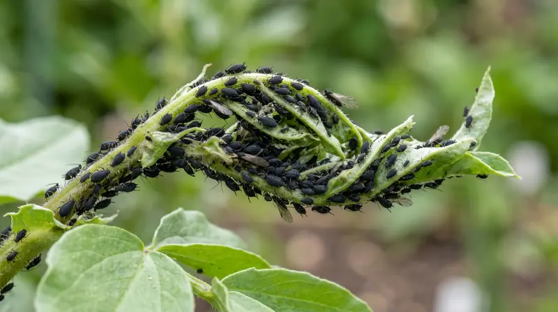 Dense cluster of black bean aphids on the curled growing tip of a UK broad bean plant in late May
