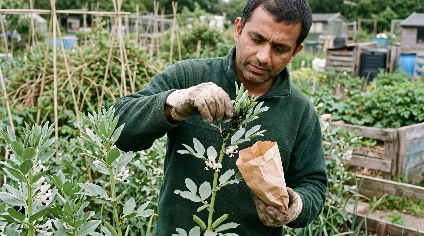 Gardener pinching off a blackfly-covered broad bean tip into a paper bag on an allotment