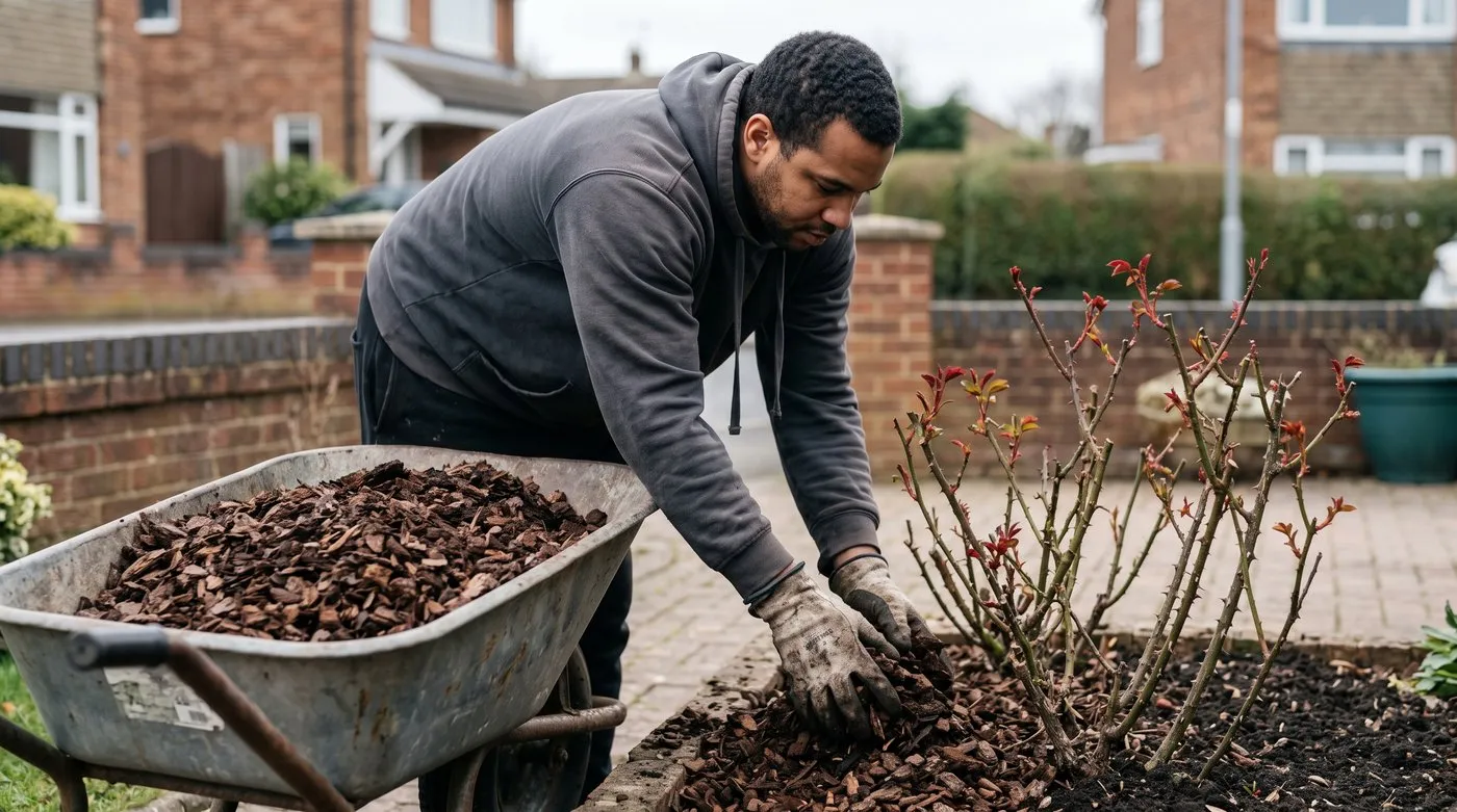 Man spreading a thick layer of bark mulch around pruned rose bushes in March to stop black spot splash