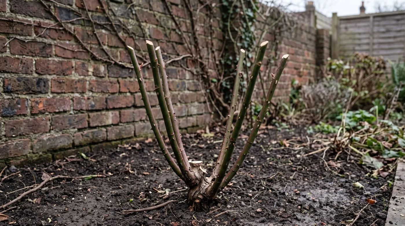 Hybrid tea rose pruned to an open goblet shape with five evenly spaced stems to help leaves dry