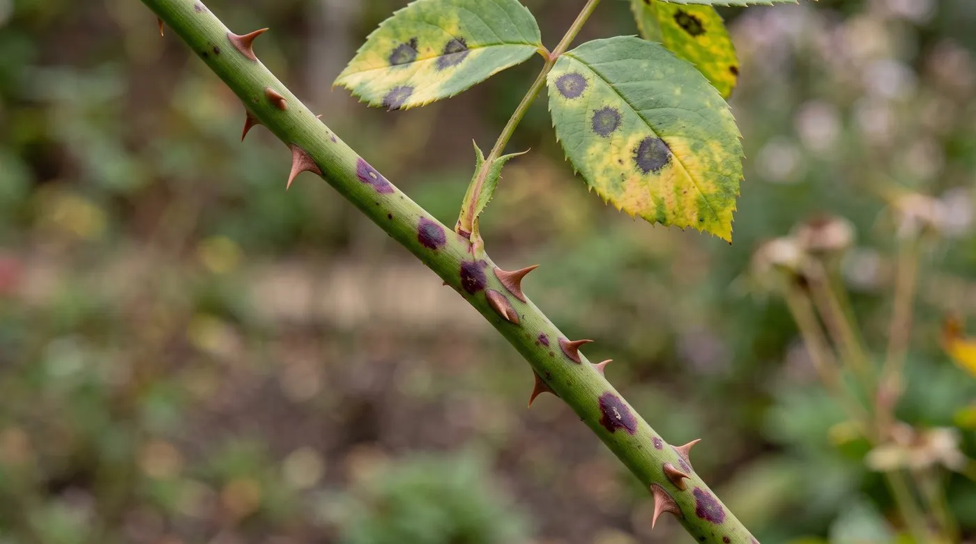 Young rose stem with dark purple-red black spot blotches below spotted, yellowing rose leaves
