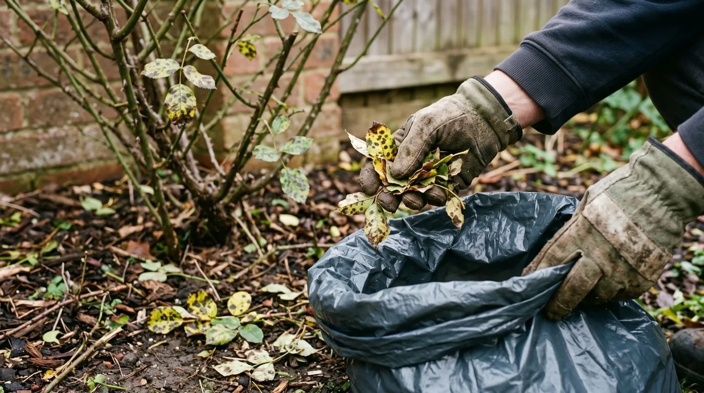 Clearing fallen rose leaves with black spot into a bin bag