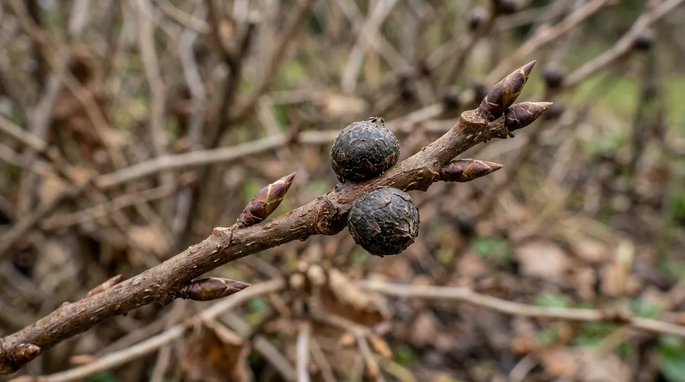 Diagnostic photograph of swollen big buds on a blackcurrant branch caused by gall mite, with healthy slim buds for comparison