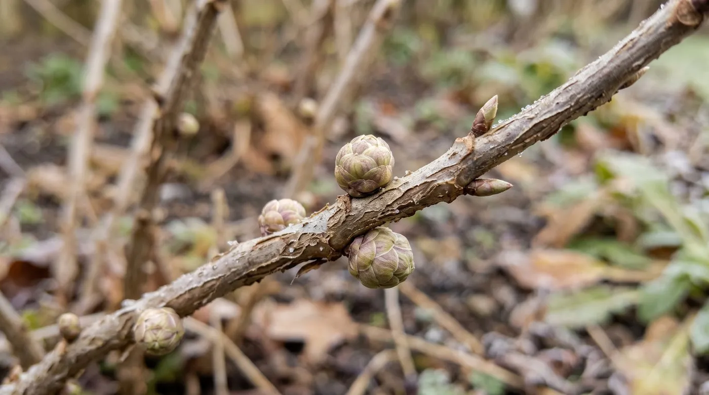 Blackcurrant stem with round, swollen buds from big bud mite next to normal pointed buds