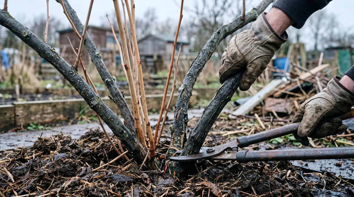 Loppers cutting an old grey blackcurrant stem at the base in winter