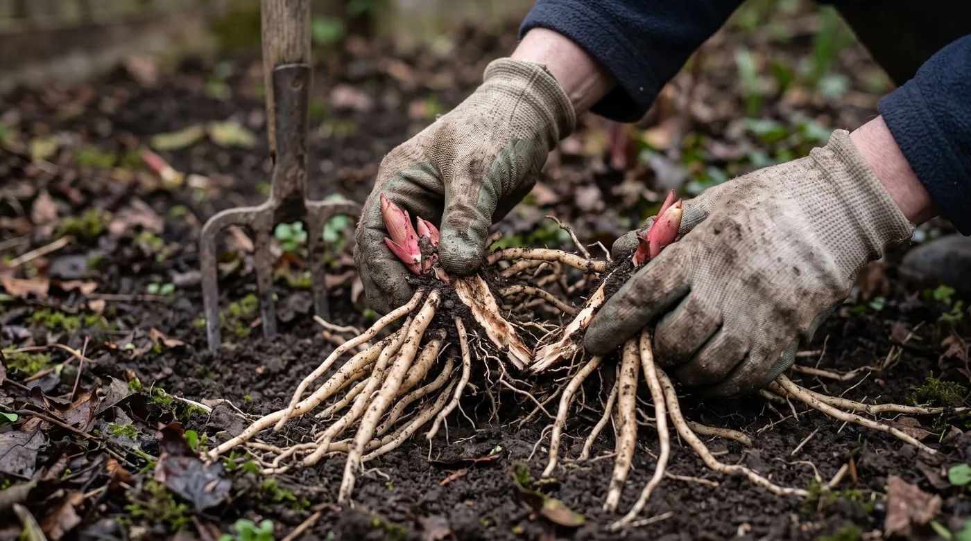 Gloved hands easing a bleeding heart clump apart, showing pink buds and thick fleshy roots