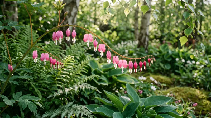 Arching stems of pink and white bleeding heart lockets in a shady UK woodland-edge border in late spring